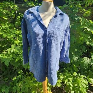 Aerie Blue Gauze‎ Button Down Shirt Top Oversized Relaxed Casual Comfy medium